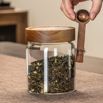 格娜斯透明玻璃茶叶罐密封罐家用高档储存茶叶收纳罐带勺咖啡豆罐900ml