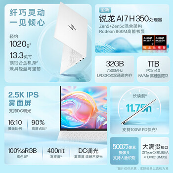 惠普HP星Book Pro 13轻薄笔记本电脑(小白巧锐龙AI 7 H 350 32G 1T 2.5K 背光键盘)白