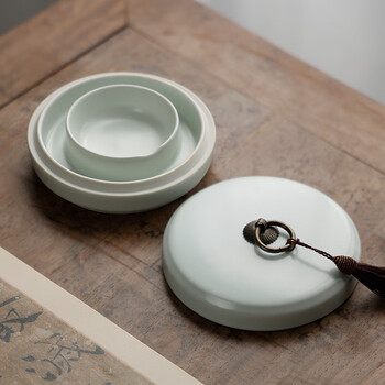 漢墨 汝窑火锅砚台4寸 陶瓷保湿不干墨可架笔学生带盖墨池 文房四宝书法国画墨盒	