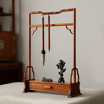 漢墨 明式抽屉毛笔笔挂 花梨木抽屉式收纳14针博古架 文房四宝创意简约毛笔架子 