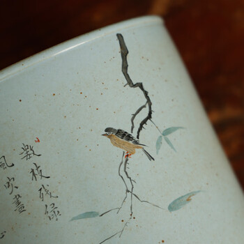 漢墨 手工枝头鸟毛笔笔筒 景德镇陶瓷器大号水盂笔筒办公 文房四宝书法国画收纳瓷器摆件