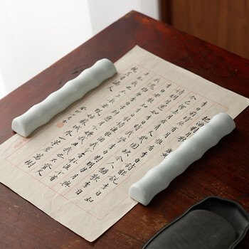 漢墨 汝窑竹节镇尺镇纸 多功能陶瓷笔搁笔山笔置 文房四宝毛笔架子双支装