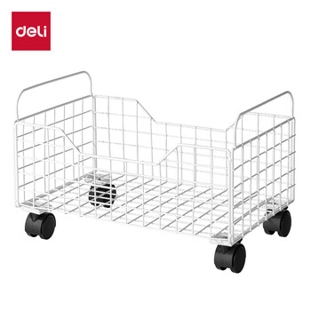 得力（deli）金属移动置物架 防锈铁线 书包置物架 桌下收纳箱书本收纳盒 可拆卸轮 PJ106白