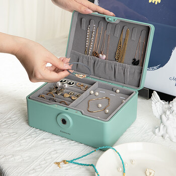 齐心（COMIX）首饰盒收纳盒高档精致耳环项链戒指储物盒带锁双层黄金指纹首饰盒 DS-823 浅绿色