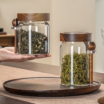 格娜斯透明玻璃茶叶罐密封罐家用高档储存茶叶收纳罐带勺咖啡豆罐900ml