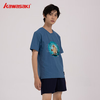 川崎（KAWASAKI）羽毛球服中性款圆领T恤运动休闲宽松透气文化衫B3928 灰蓝色 M