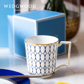 Wedgwood威基伍德金粉年华蓝色骨瓷马克杯 椭圆形浮雕月桂叶纹陶瓷杯300ml