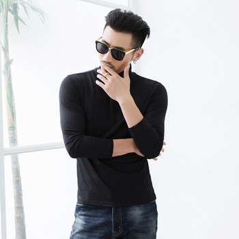 t恤加绒长袖恤男 秋冬款男式打底衫 纯色男恤保暖衣 男高领黑 m