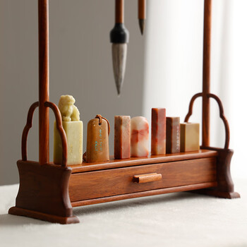 漢墨 明式抽屉毛笔笔挂 花梨木抽屉式收纳14针博古架 文房四宝创意简约毛笔架子 