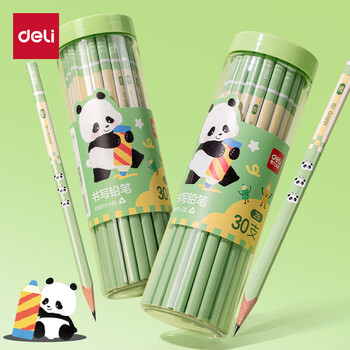 得力（deli）熊猫三角杆书写铅笔30支HB铅笔原木学生考试素描绘图铅笔写字练字书写XM911-HB学生开学文具