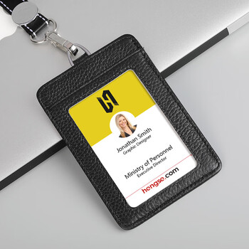 恒色真皮工作牌牛皮证件卡套商务员工胸牌公交饭卡门禁卡套定制 红色棉绳