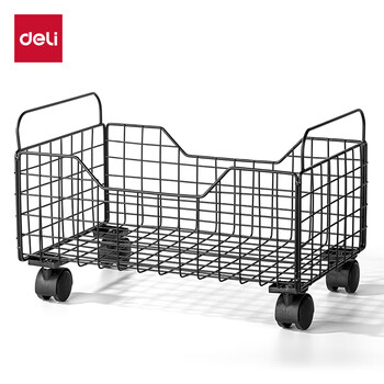 得力（deli）金属移动置物架 防锈铁线 书包置物架 桌下收纳箱书本收纳盒 可拆卸轮 PJ106黑