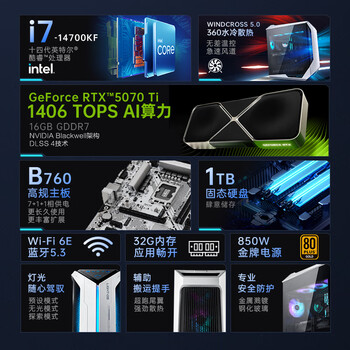 机械师（MACHENIKE）曙光 高性能游戏台式机电竞电脑主机（i7-14700KF 32G DDR5 1TSSD RTX5070Ti 360水冷）
