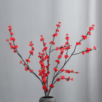 假花单枝树绢花干枝腊梅花艺摆设落地插花客厅装饰台面花 梅花王红色