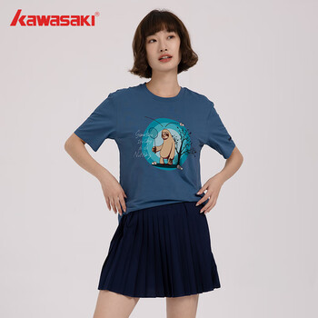 川崎（KAWASAKI）羽毛球服中性款圆领T恤运动休闲宽松透气文化衫B3928 灰蓝色 M