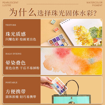 丹可林珠光水彩颜料敦煌国画珠光色固体水彩画水粉套装全套描金美术画画分装水彩专用故宫暖12色单盒