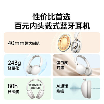 绿联（UGREEN）45017 HiTune Max2头戴式蓝牙耳机 80小时长续航 蓝牙5.4音乐耳机 灰白色