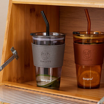 拜杰竹节吸管杯玻璃杯礼物水杯带盖咖啡奶茶竹节杯琥珀色杯子450ml