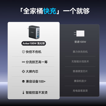 ANKER安克100W氮化镓充电器数据线套装 多口pd大功率type-c快充使用苹果17华为vivo手机笔记本电脑插头