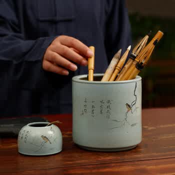 漢墨 手工枝头鸟毛笔笔筒 景德镇陶瓷器大号水盂笔筒办公 文房四宝书法国画收纳瓷器摆件