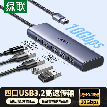 绿联USB3.2扩展器10Gbps分线器多接口扩展坞 高速拓展坞四合一集线器 笔记本电脑一拖四延长线转换器