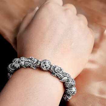 麦嘟嘟 99足银貔貅手链男士银佛珠手串金钱霸气个性潮男复古款 12毫米