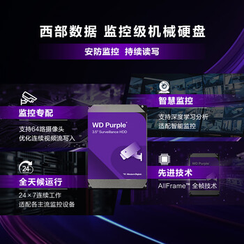 西部数据（WD）2TB 监控级机械硬盘 WD Purple 西数紫盘 SATA 64MB CMR垂直 录像机硬盘 3.5英寸WD23PURZ