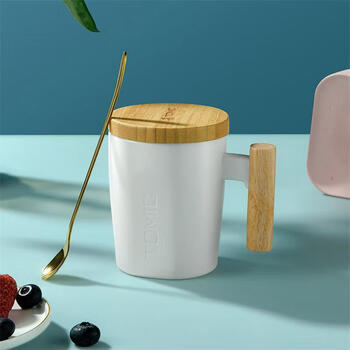 特美刻400ML马克杯 带盖咖啡杯子瓷杯牛奶杯水杯随手茶杯 TCL1329 白色