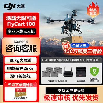 大疆无人机 载重FlyCart100标准套装 80公斤运输机【含电池*4+降落伞+遥控器+吊运系统+关怀计划升级版】提货卡