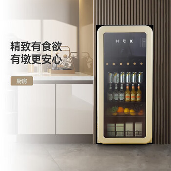 HCK哈士奇 复古冰吧冰箱透明玻璃门冰箱客厅家用冷藏展示恒温节能 SC-168RD-S 奶茶色 168L