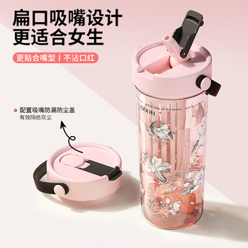 GOOMGOOM 艺术手绘水杯 高颜值便携吸管杯茶水分离塑料水杯 青绯粉 600ml
