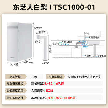 东芝（TOSHIBA）大白梨净水器  0阻垢剂 双管UV杀菌 家用厨下式1000G  母婴认证 6年RO反渗透直饮TSC1000