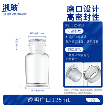 湘玻 磨口试剂瓶实验室磨砂密封玻璃广口瓶收集瓶取样瓶样品瓶 【125ml】透明大口（京仓）