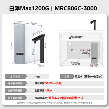 美的（Midea）【白泽Max 1200G】0阻垢剂净水器家用 6年RO反渗透厨下式直饮过滤净水机 触控屏双出水