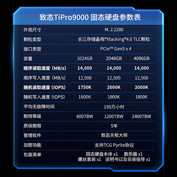 致态（ZhiTai）长江存储 2TB SSD固态硬盘 NVMe M.2接口 TiPro9000 系列 (PCIe 5.0 产品)