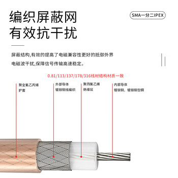 玖鼎新 sma转ipex一分二转接线WIFI/GSM/3G/4G模块天线 sma母头内针1代接口 0.1米 JDX-RS004