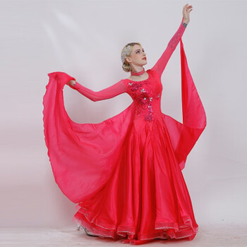 摩登舞裙交谊舞华尔兹舞裙连衣裙演出服 玫红色 m