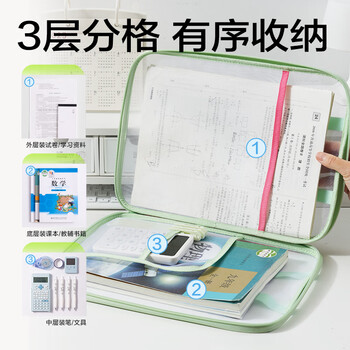 得力（deli）U型科目分类袋L型学科袋撞色学生文件袋网纱拉链袋大容量大开口 薄荷巧克力PP139