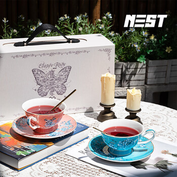 巢里咖啡杯套装轻奢骨瓷新婚情侣对杯礼盒装早餐下午茶杯碟家居馆粉蓝