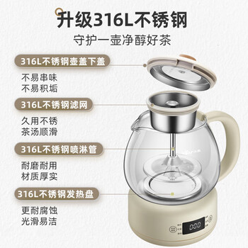 小熊（Bear）煮茶器养生壶烹煮一体茶壶迷你蒸茶器 316L喷淋式不锈钢烧水壶黑茶茶具1升ZCQ-F10N7