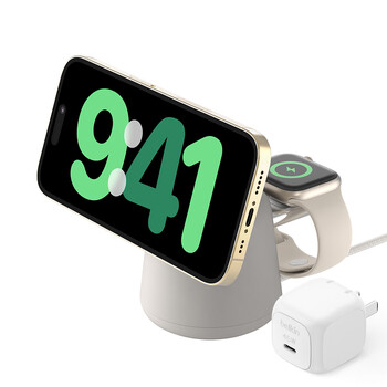 贝尔金（BELKIN）苹果无线充电器 MagSafe磁吸快充支架 苹果15W手机iPhone充电 手表Watch快充二合一 流沙色套装
