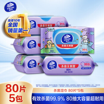 维达（Vinda）杀菌湿巾 80片*5包 线条小狗IP款 杀菌率99.9% 湿巾大包 湿纸巾
