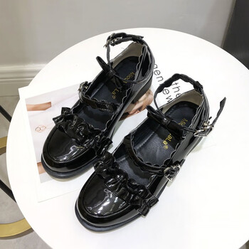 梅露露lolita鞋子蝴蝶结软妹洛丽塔加软低跟鞋日系圆头jk学生 亮黑色