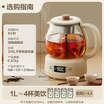 小熊（Bear）煮茶器养生壶烹煮一体茶壶迷你蒸茶器 316L喷淋式不锈钢烧水壶黑茶茶具1升ZCQ-F10N7
