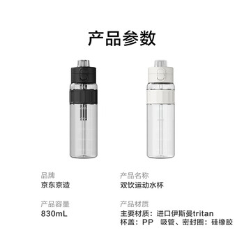 京东京造双饮口运动水壶tritan随行杯加厚防摔户外便携塑料水杯黑830ml
