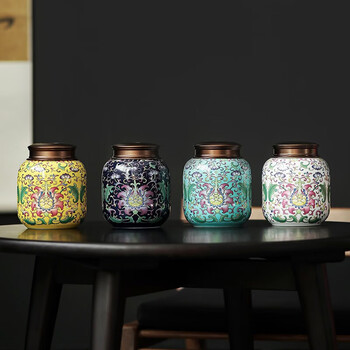 茶艺贵族瑾山珐琅彩茶叶罐(蓝)陶瓷密封罐双层锡盖珐琅彩大号单个茶存