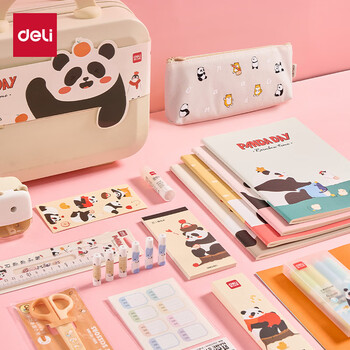 得力（deli）熊猫学习文具礼盒套装削笔器笔袋铅笔便签本儿童生日开学考试礼物低年级学生奖励大礼包手提箱