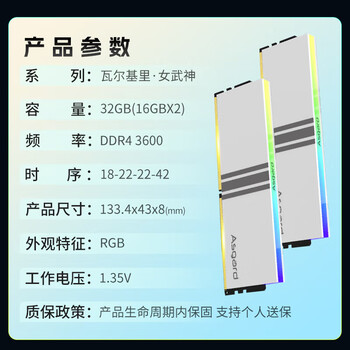 阿斯加特(Asgard)32GB(16GBx2) DDR4 3600 台式机内存条 女武神·瓦尔基里 RGB灯条 海力士CJR CL18 极地白 阿斯加特(Asgard)32GB(16GBx2) DDR4 3600 台式机内存条 女武神·瓦尔基里 RGB灯条 海力士CJR CL18 极地白