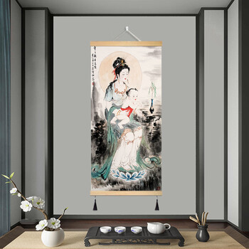 丁观鹏 送子观音图 中国画 掛け軸 水墨画 和室 玄関 茶室 壁掛け 美術品 送子观音画品牌及商品- 京东