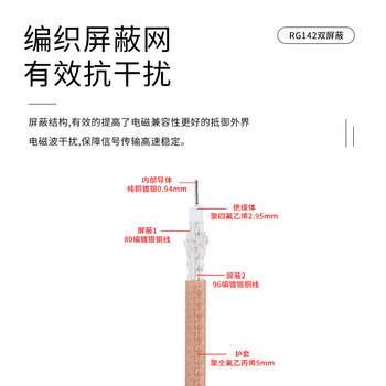 玖鼎新 BNC公转BNC公射频连接线RG142特氟龙双屏蔽耐高温OD5mm 0-6G电台馈线天线延长0.5米 JDX-42B-1